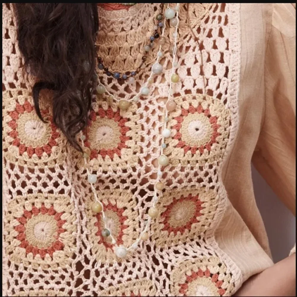Zara Granny Square Crochet Medallion Front Full Sleeve Cropped Blouse Beige M - Picture 3 of 11